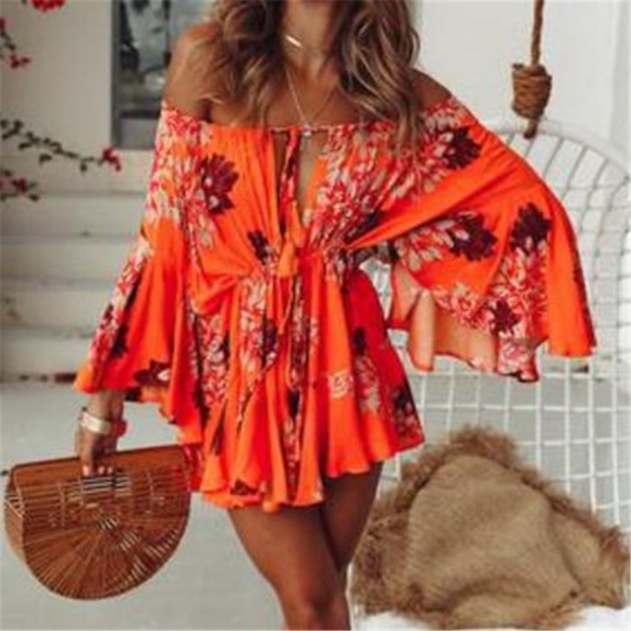 Boho Orange Floral Print Bell Sleeve Romper - Picture 3 of 7